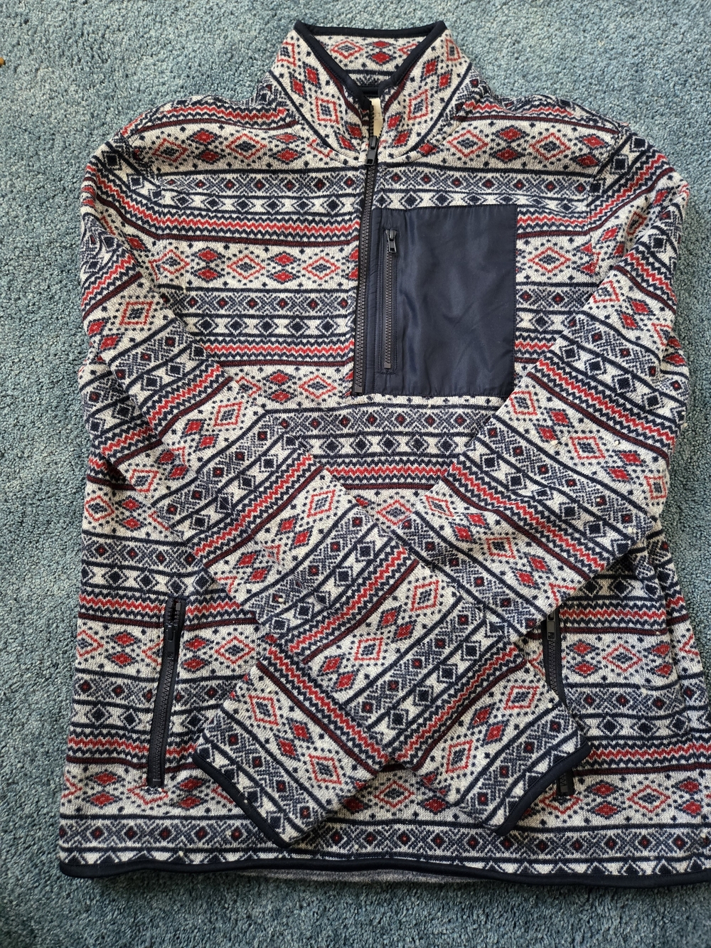 Aeropostale Men's Navy, Red & Cream Patterned Quarter-Zip Sweater